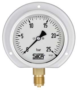 Sika Bourdon tube pressure gauge, marine version, Type MRE-M, crimped-on ring case, rear flange, stainless steel, nominal size 63mm, filled with glycerin, display range -1...+1.5 , bottom connection,  G1/4, brass